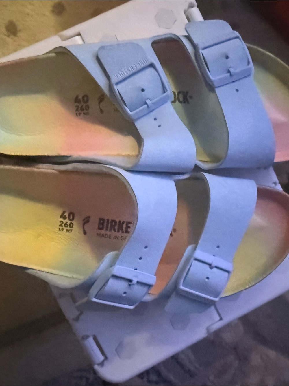 Birkenstock Arizona Sandal- Light Blue with Pastel Rainbow EVA footbed - Picture 2 of 4
